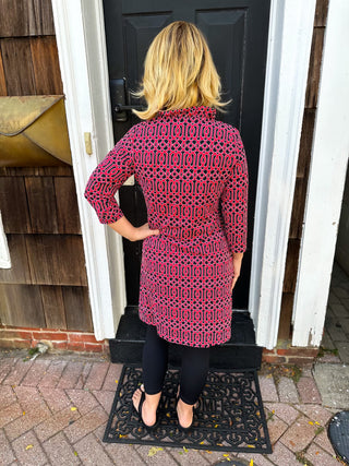 Lulu B Geometric Crimson Ruffle Collar Dress