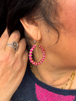 Pink and Gold Beaded Hoop Earrings