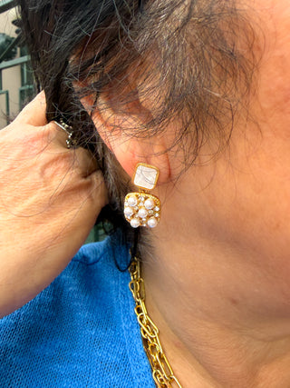 Gold and Pearl Block Earring