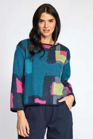 Olivia by Habitat Abstract Color Block Scoop Neck Sweater Teal 2