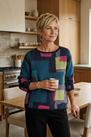 Olivia by Habitat Abstract Color Block Scoop Neck Sweater Teal