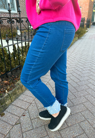 Lulu B Dark Wash Denim Cuff Pearl Pant