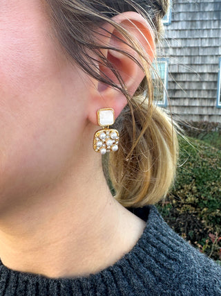 Gold and Pearl Block Earring