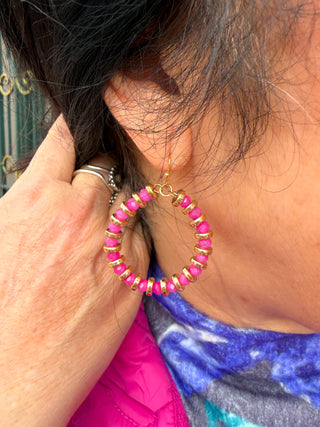 Pink and Gold Beaded Hoop Earrings