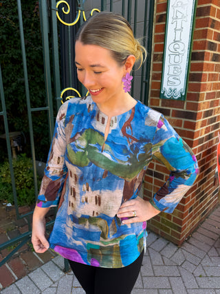 Tango Mango Blue Watercolor Abstract Notch Neck Top