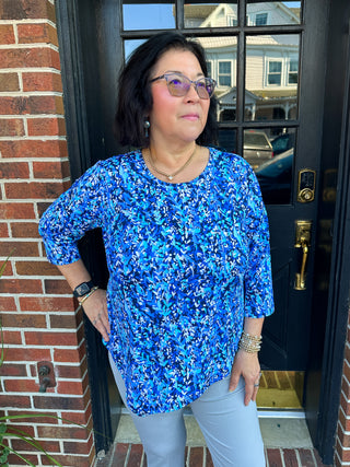 Lulu B Dark Blue Vine Asymmetrical Scoop Neck Top