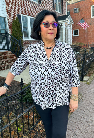 Beachtime by Lulu B Black and Stone Flower Button Tunic