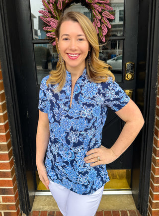 Beachtime by Lulu B Navy Hibiscus Short Sleeve Zip Top