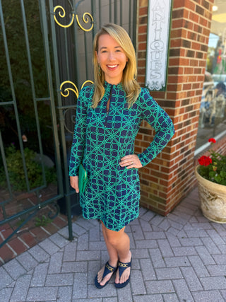 Lulu B Navy and Emerald Loops Long Sleeve 1/2 Zip Dress