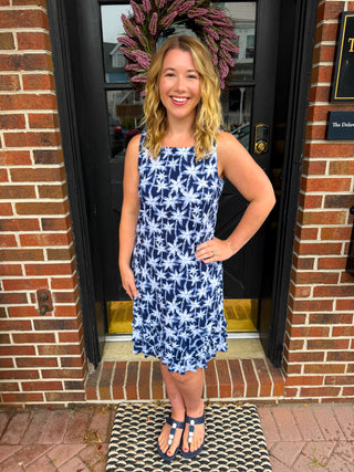 Beachtime by Lulu B Navy Palm Ruffle Trim Dress