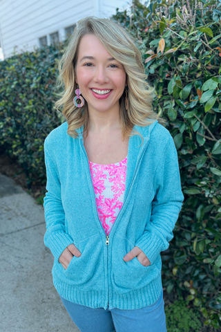 Lulu B Heathered Clear Turquoise Hooded Chenille Zip Jacket