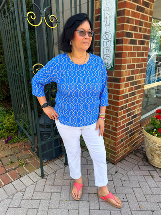Lulu B Bright Periwinkle Lattice Crew Neck 3/4 Sleeve Top