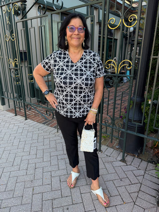 Lulu B Black and Stone Loops UPF 50+ Short Sleeve V-neck Top