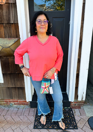 Lulu B Salmon Button Back Waffle Knit V-Neck Top