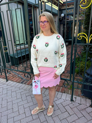 Ivory Wreath Sweater with Pink Bows