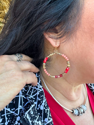 Red and Salmon Beaded Hoop Earrings