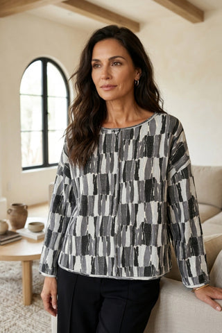 Olivia by Habitat Abstract Print Crewneck Cotton Sweater Gray