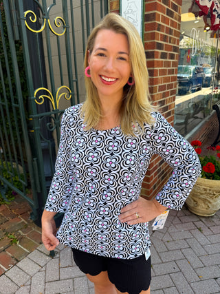Lulu B Black and Pink Flower Crew Neck 3/4 Sleeve Top