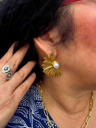 Gold and Pearl Sunflower Earrings