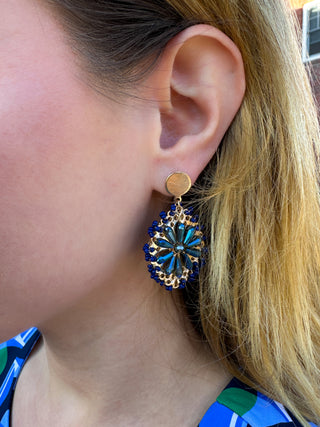 Navy Beaded Flower Earrings