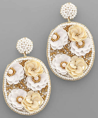 Flower Beaded Oval Earrings Ivory