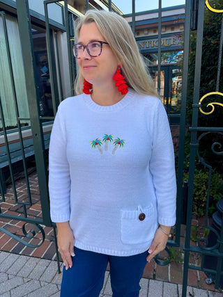 Lulu B White Chenille Embroidered Palm Trees Sweater