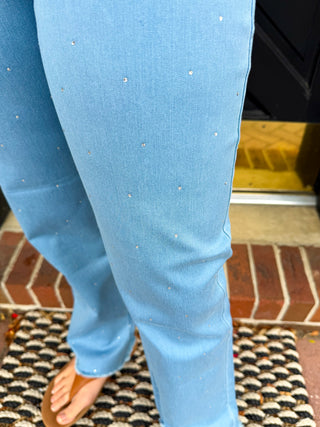Lulu B Light Denim Rhinestone Studded Pull-on Ankle Jean