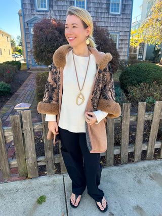 Camel and Black Wrap with Faux Fur Trim