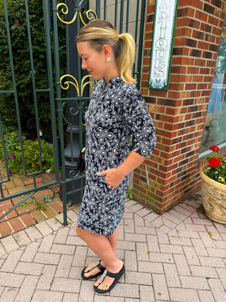 Beachtime by Lulu B Black Flower Power Short Sleeve Quarter Zip Pocket Dress
