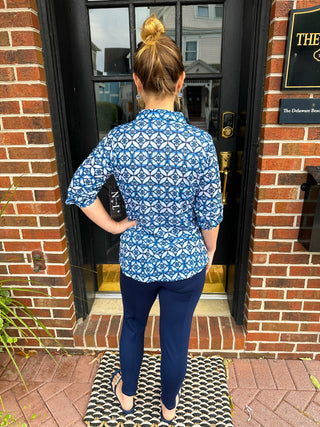 Tango Mango Blue Medallion Pleated Button Down Blouse