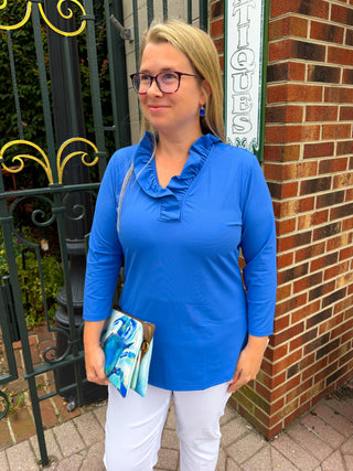 Lulu B Ruffle Neck Blue Top