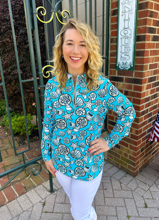 Lulu B Clear Turquoise Shells Quarter Zip Pullover