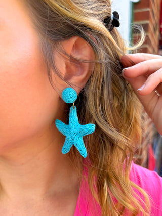 Wrapped Raffia Starfish Earrings Aqua