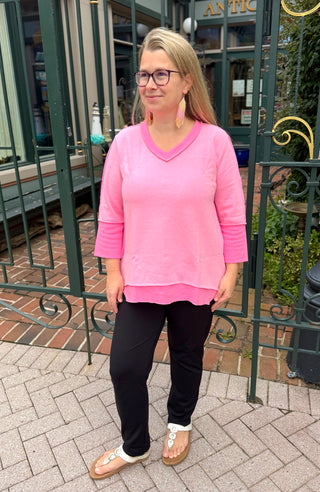 Lulu B Bright Hot Pink Stripe Trim Button Back V-Neck Top