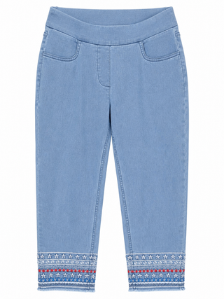 Lulu B Clear Light Denim Embroidered Stars and Stripes Pull on Jean Capri