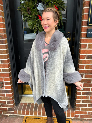 Grey and Cream Wrap with Faux Fur Trim