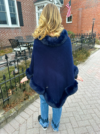 Navy Faux Fur Poncho