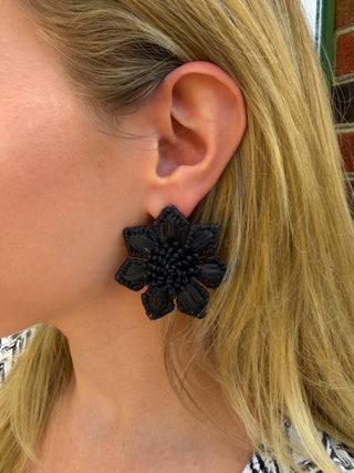 Wrapped Raffia Flower Earrings Black
