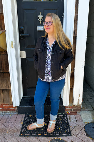 Lulu B Black and Pink Flower V-Neck 3/4 Sleeve Top