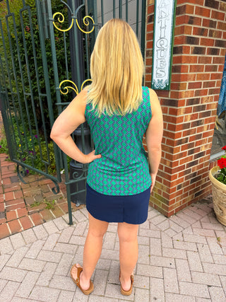 Lulu B Navy and Emerald Geometric Link UPF 50+ Ruffle V-Neck Tank