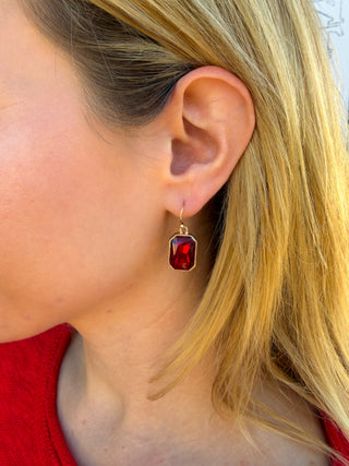 Gold and Red Crystal Rectangle Earrings