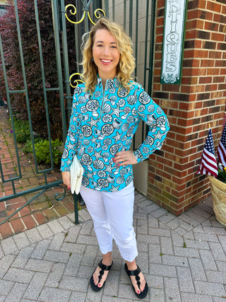 Lulu B Clear Turquoise Shells Quarter Zip Pullover
