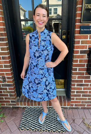 Beachtime by Lulu B Navy Hibiscus Sleeveless Quarter Zip Dress