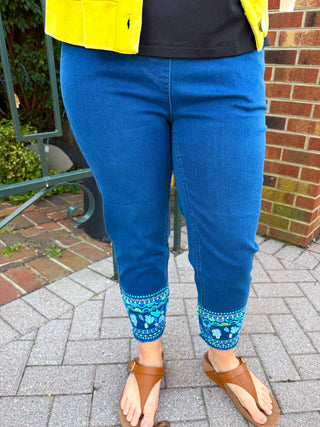 Lulu B Dark Denim Leaves Embroidered Capri