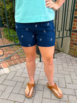 Bangladine by Lulu B Embroidered Anchor Navy Pull-On Shorts with Side Vents