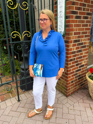 Lulu B Ruffle Neck Blue Top