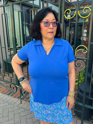 Lulu B Blue Short Sleeve Collar Top