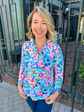 Lulu B Ruffle Neck Tropical Dragonfly Top