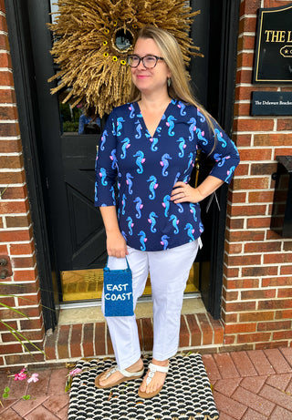 Lulu B Navy Seahorse V-Neck 3/4 Sleeve Top