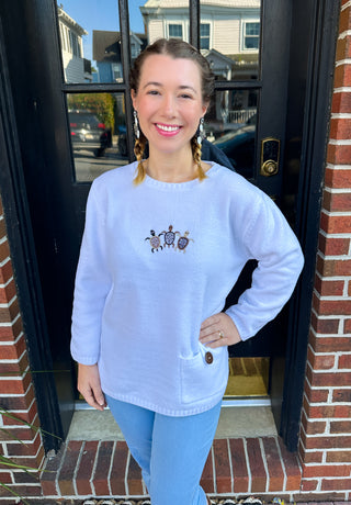 Lulu B Chenille White Embroidered Turtle Sweater